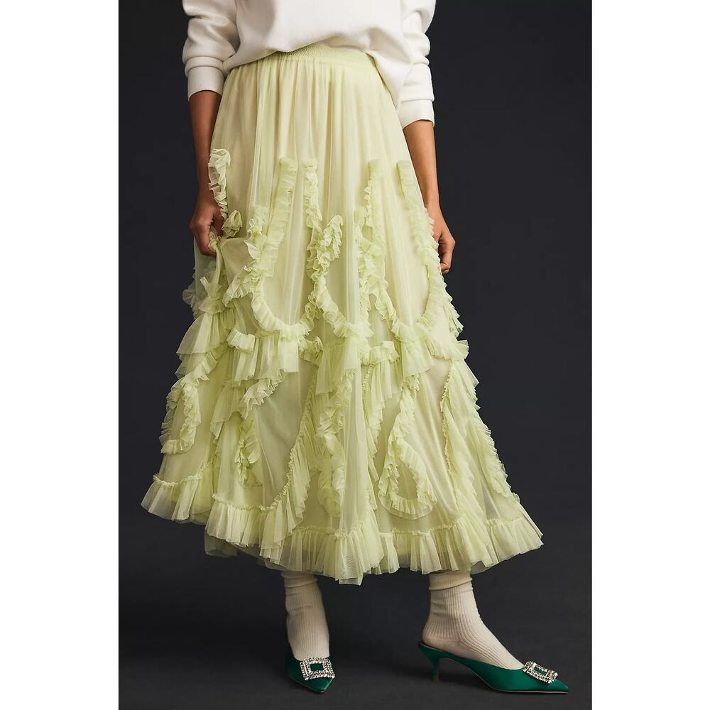 By Anthropologie Ruffled Tulle Skirt Green Midi Maxi XXS - Picture 3 of 12